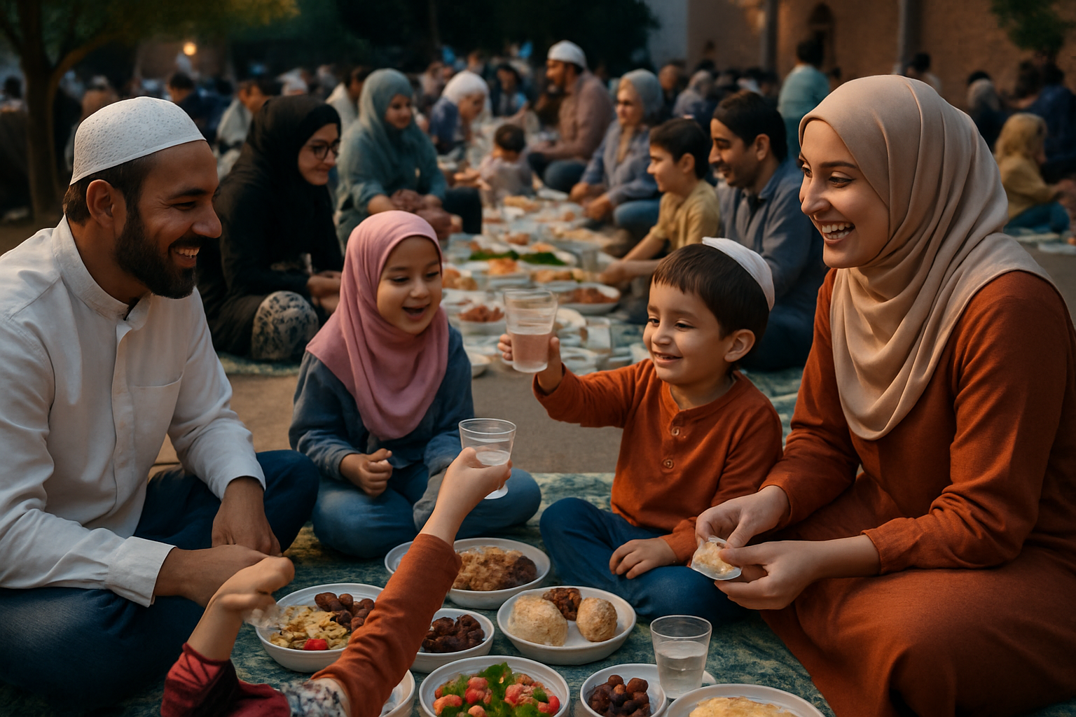 Families and children enjoying a communal iftar meal