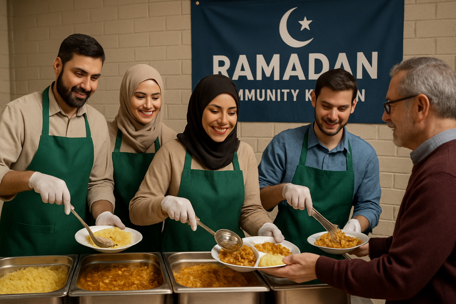 Volunteers serving hot meals at a Ramadan community kitchen
