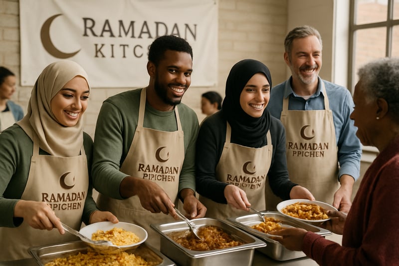 Volunteers serving meals at Ramadan Kitchen, fostering compassion and community support. Volunteers serving meals at Ramadan Kitchen, fostering compassion and community support.